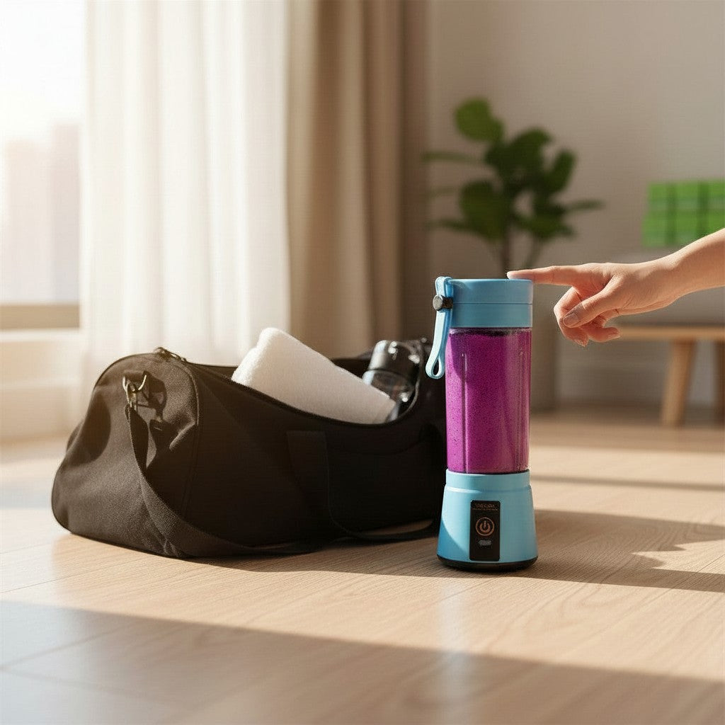 My Store BlendFlow Pro portable electric blender with purple smoothie, sitting on a floor next to a gym bag.
