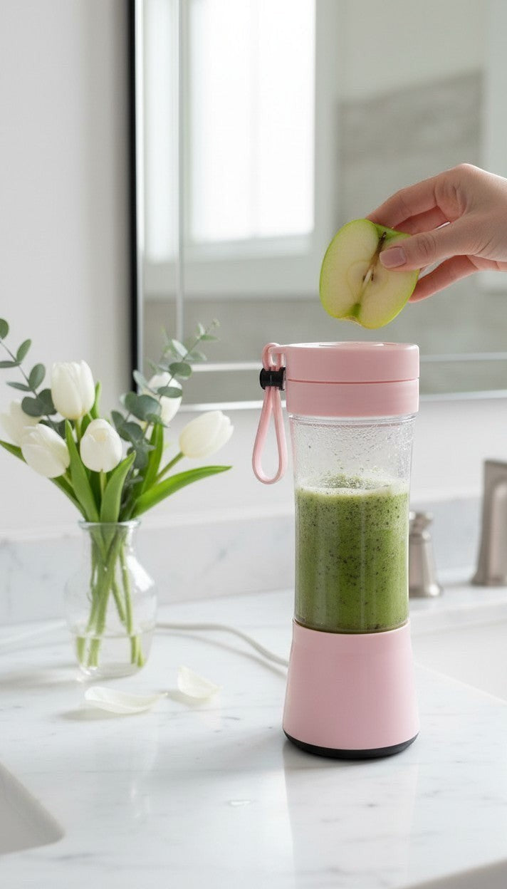 My Store BlendFlow Pro pink portable electric blender with green smoothie and apple slice on a marble countertop