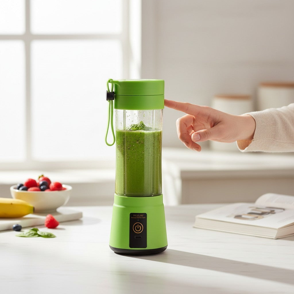My Store portable electric blender in green, being operated on a kitchen counter with a fresh smoothie inside.