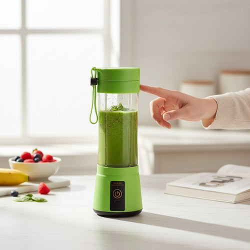 My Store portable electric blender in green, being operated on a kitchen counter with a fresh smoothie inside.