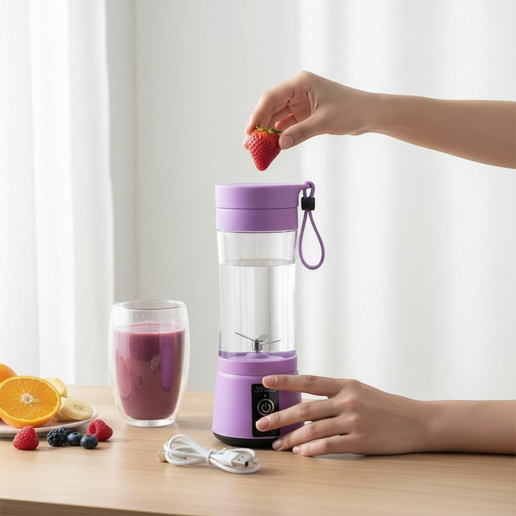 My Store purple portable electric blender with six blades being used to make a fresh strawberry smoothie